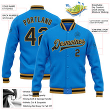 Laden Sie das Bild in den Galerie-Viewer, Custom Powder Blue Black-Old Gold Bomber Full-Snap Varsity Letterman Jacket
