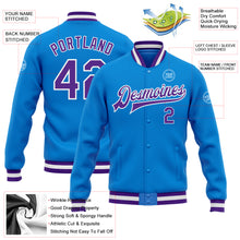 Laden Sie das Bild in den Galerie-Viewer, Custom Powder Blue Purple-White Bomber Full-Snap Varsity Letterman Jacket
