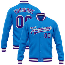 Laden Sie das Bild in den Galerie-Viewer, Custom Powder Blue Purple-White Bomber Full-Snap Varsity Letterman Jacket
