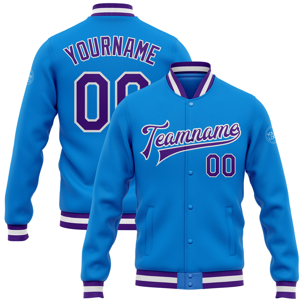 Custom Powder Blue Purple-White Bomber Full-Snap Varsity Letterman Jacket