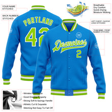 Laden Sie das Bild in den Galerie-Viewer, Custom Powder Blue Neon Green-White Bomber Full-Snap Varsity Letterman Jacket
