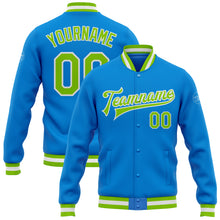 Laden Sie das Bild in den Galerie-Viewer, Custom Powder Blue Neon Green-White Bomber Full-Snap Varsity Letterman Jacket
