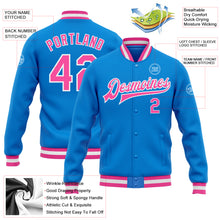 Laden Sie das Bild in den Galerie-Viewer, Custom Powder Blue Pink-White Bomber Full-Snap Varsity Letterman Jacket
