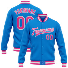 Laden Sie das Bild in den Galerie-Viewer, Custom Powder Blue Pink-White Bomber Full-Snap Varsity Letterman Jacket
