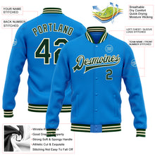 Laden Sie das Bild in den Galerie-Viewer, Custom Powder Blue Green-Cream Bomber Full-Snap Varsity Letterman Jacket
