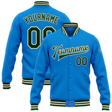 Laden Sie das Bild in den Galerie-Viewer, Custom Powder Blue Green-Cream Bomber Full-Snap Varsity Letterman Jacket
