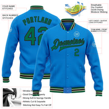 Laden Sie das Bild in den Galerie-Viewer, Custom Powder Blue Kelly Green Black-Cream Bomber Full-Snap Varsity Letterman Jacket
