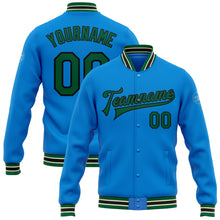 Laden Sie das Bild in den Galerie-Viewer, Custom Powder Blue Kelly Green Black-Cream Bomber Full-Snap Varsity Letterman Jacket
