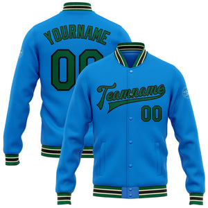 Custom Powder Blue Kelly Green Black-Cream Bomber Full-Snap Varsity Letterman Jacket