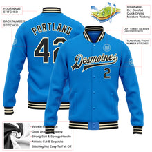 Laden Sie das Bild in den Galerie-Viewer, Custom Powder Blue Black-Cream Bomber Full-Snap Varsity Letterman Jacket
