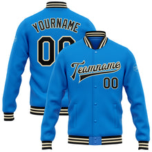 Laden Sie das Bild in den Galerie-Viewer, Custom Powder Blue Black-Cream Bomber Full-Snap Varsity Letterman Jacket
