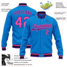 Laden Sie das Bild in den Galerie-Viewer, Custom Powder Blue Pink Purple-Black Bomber Full-Snap Varsity Letterman Jacket
