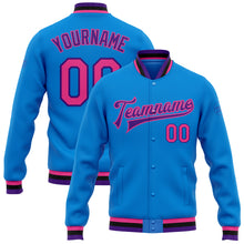 Laden Sie das Bild in den Galerie-Viewer, Custom Powder Blue Pink Purple-Black Bomber Full-Snap Varsity Letterman Jacket
