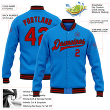 Laden Sie das Bild in den Galerie-Viewer, Custom Powder Blue Red-Black Bomber Full-Snap Varsity Letterman Jacket
