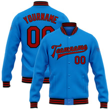 Laden Sie das Bild in den Galerie-Viewer, Custom Powder Blue Red-Black Bomber Full-Snap Varsity Letterman Jacket
