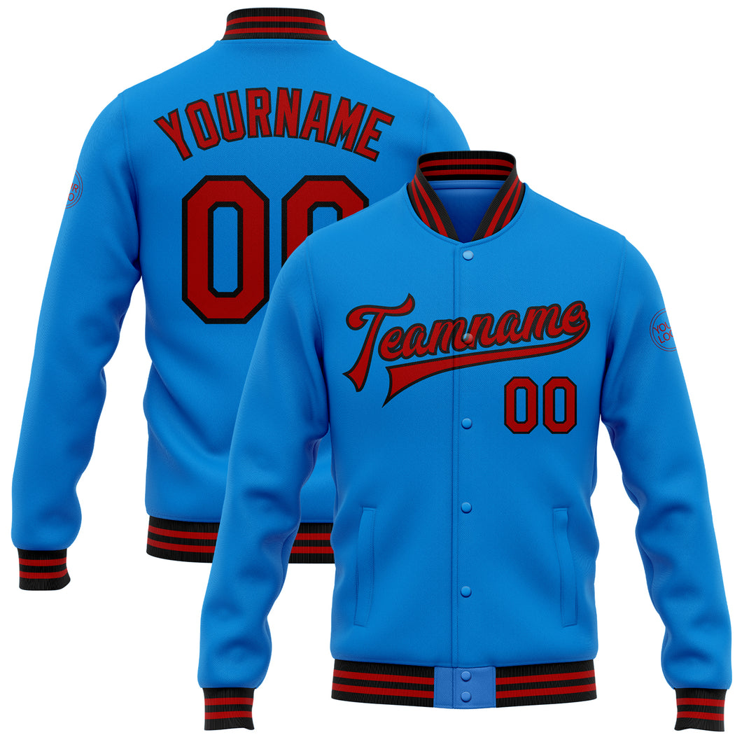 Custom Powder Blue Red-Black Bomber Full-Snap Varsity Letterman Jacket