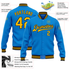 Laden Sie das Bild in den Galerie-Viewer, Custom Powder Blue Gold-Black Bomber Full-Snap Varsity Letterman Jacket
