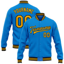 Laden Sie das Bild in den Galerie-Viewer, Custom Powder Blue Gold-Black Bomber Full-Snap Varsity Letterman Jacket
