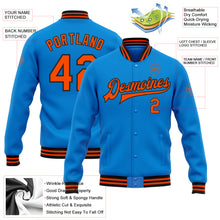 Laden Sie das Bild in den Galerie-Viewer, Custom Powder Blue Orange-Black Bomber Full-Snap Varsity Letterman Jacket
