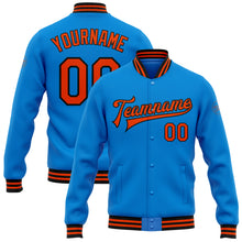 Laden Sie das Bild in den Galerie-Viewer, Custom Powder Blue Orange-Black Bomber Full-Snap Varsity Letterman Jacket
