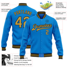 Laden Sie das Bild in den Galerie-Viewer, Custom Powder Blue Old Gold-Black Bomber Full-Snap Varsity Letterman Jacket
