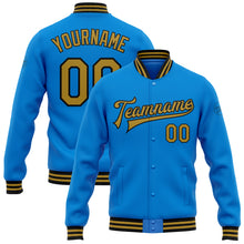 Laden Sie das Bild in den Galerie-Viewer, Custom Powder Blue Old Gold-Black Bomber Full-Snap Varsity Letterman Jacket
