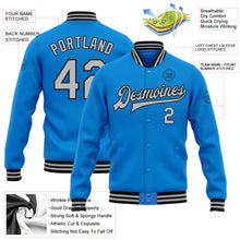 Laden Sie das Bild in den Galerie-Viewer, Custom Powder Blue Gray-Black Bomber Full-Snap Varsity Letterman Jacket
