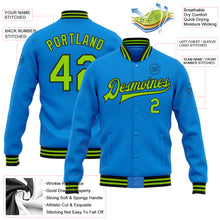 Laden Sie das Bild in den Galerie-Viewer, Custom Powder Blue Neon Green-Black Bomber Full-Snap Varsity Letterman Jacket
