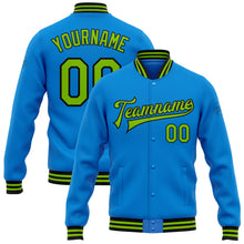 Laden Sie das Bild in den Galerie-Viewer, Custom Powder Blue Neon Green-Black Bomber Full-Snap Varsity Letterman Jacket
