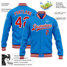 Laden Sie das Bild in den Galerie-Viewer, Custom Powder Blue Red-White Bomber Full-Snap Varsity Letterman Jacket
