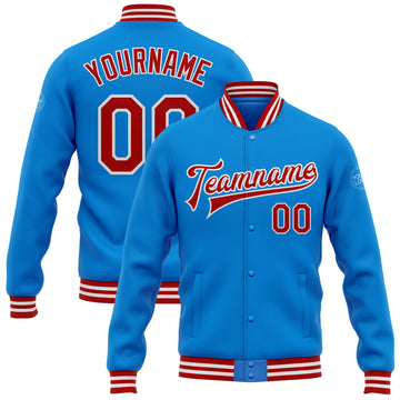 Custom Electric Blue Red-White Bomber Full-Snap Varsity Letterman Jacket