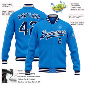 Custom Powder Blue Navy-White Bomber Full-Snap Varsity Letterman Jacket