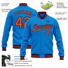 Laden Sie das Bild in den Galerie-Viewer, Custom Powder Blue Orange-Navy Bomber Full-Snap Varsity Letterman Jacket
