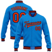 Laden Sie das Bild in den Galerie-Viewer, Custom Powder Blue Orange-Navy Bomber Full-Snap Varsity Letterman Jacket
