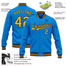 Laden Sie das Bild in den Galerie-Viewer, Custom Powder Blue Gold-Navy Bomber Full-Snap Varsity Letterman Jacket
