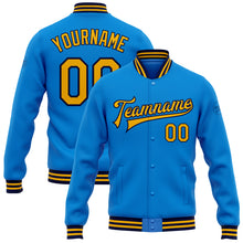 Laden Sie das Bild in den Galerie-Viewer, Custom Powder Blue Gold-Navy Bomber Full-Snap Varsity Letterman Jacket
