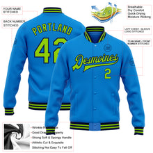 Laden Sie das Bild in den Galerie-Viewer, Custom Powder Blue Neon Green-Navy Bomber Full-Snap Varsity Letterman Jacket
