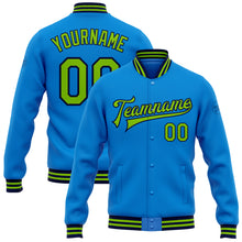 Laden Sie das Bild in den Galerie-Viewer, Custom Powder Blue Neon Green-Navy Bomber Full-Snap Varsity Letterman Jacket
