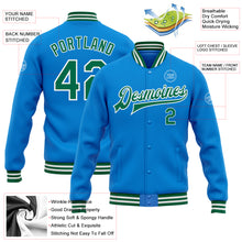 Laden Sie das Bild in den Galerie-Viewer, Custom Powder Blue Kelly Green-White Bomber Full-Snap Varsity Letterman Jacket
