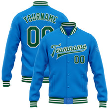 Laden Sie das Bild in den Galerie-Viewer, Custom Powder Blue Kelly Green-White Bomber Full-Snap Varsity Letterman Jacket
