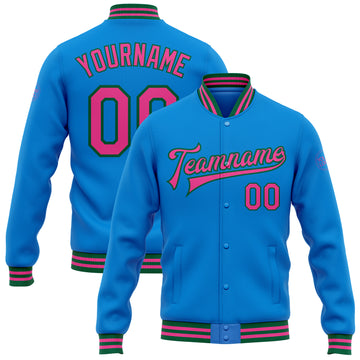 Custom Electric Blue Pink-Kelly Green Bomber Full-Snap Varsity Letterman Jacket