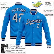 Load image into Gallery viewer, Custom Electric Blue Gray-Navy Bomber Full-Snap Varsity Letterman Jacket
