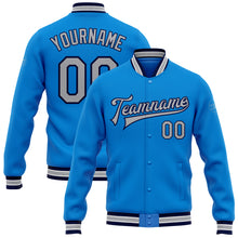 Load image into Gallery viewer, Custom Electric Blue Gray-Navy Bomber Full-Snap Varsity Letterman Jacket
