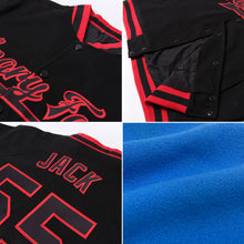 Load image into Gallery viewer, Custom Electric Blue Red-Kelly Green Bomber Full-Snap Varsity Letterman Jacket
