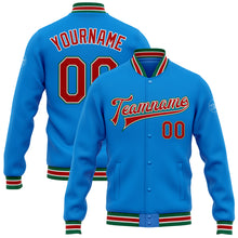 Load image into Gallery viewer, Custom Electric Blue Red-Kelly Green Bomber Full-Snap Varsity Letterman Jacket
