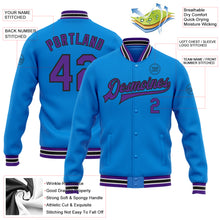 Load image into Gallery viewer, Custom Powder Blue Purple-Black Bomber Full-Snap Varsity Letterman Jacket
