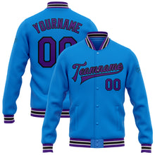 Load image into Gallery viewer, Custom Powder Blue Purple-Black Bomber Full-Snap Varsity Letterman Jacket
