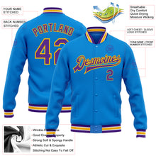 Charger l&#39;image dans la galerie, Custom Powder Blue Purple-Gold Bomber Full-Snap Varsity Letterman Jacket
