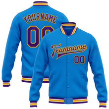 Charger l&#39;image dans la galerie, Custom Powder Blue Purple-Gold Bomber Full-Snap Varsity Letterman Jacket
