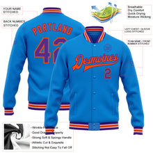 Load image into Gallery viewer, Custom Electric Blue Purple-Orange Bomber Full-Snap Varsity Letterman Jacket
